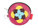 The front of the flower-decorated zippered case for small objects. Bubblegum color.